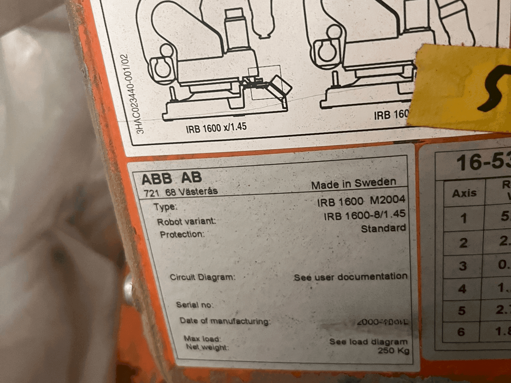 A ABB IRB 1600 M2004 gép adattáblája