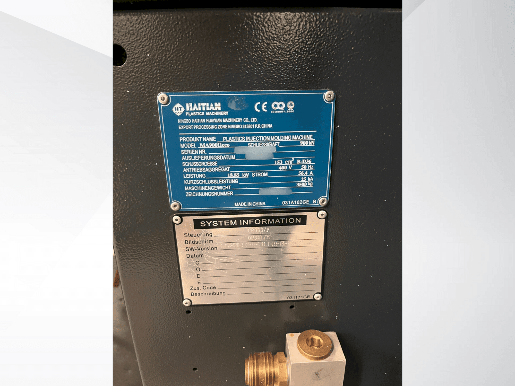 A HAITIAN MA900 II eco gép adattáblája